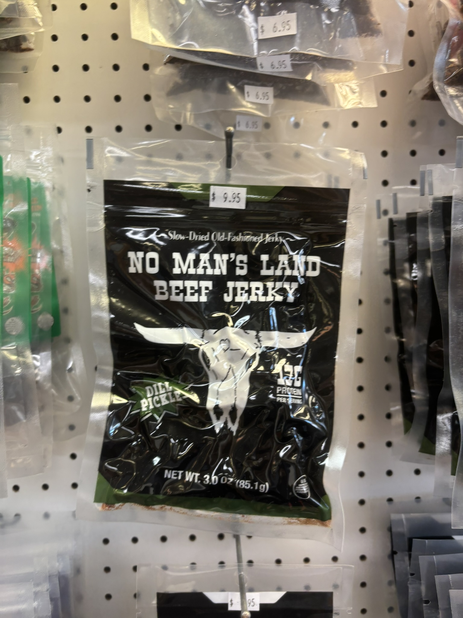 No Man's Land jerky on the shelf at The Beef Jerky Emporium