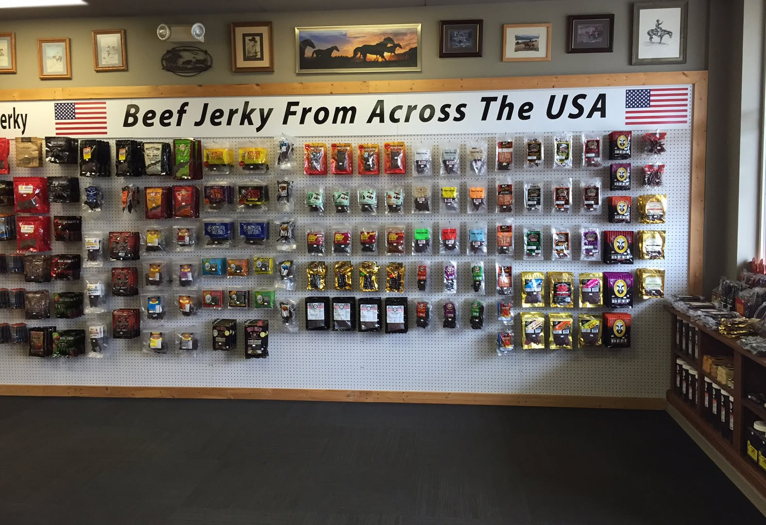 An assortment of beef jerky and gourmet snacks from The Beef Jerky Emporium