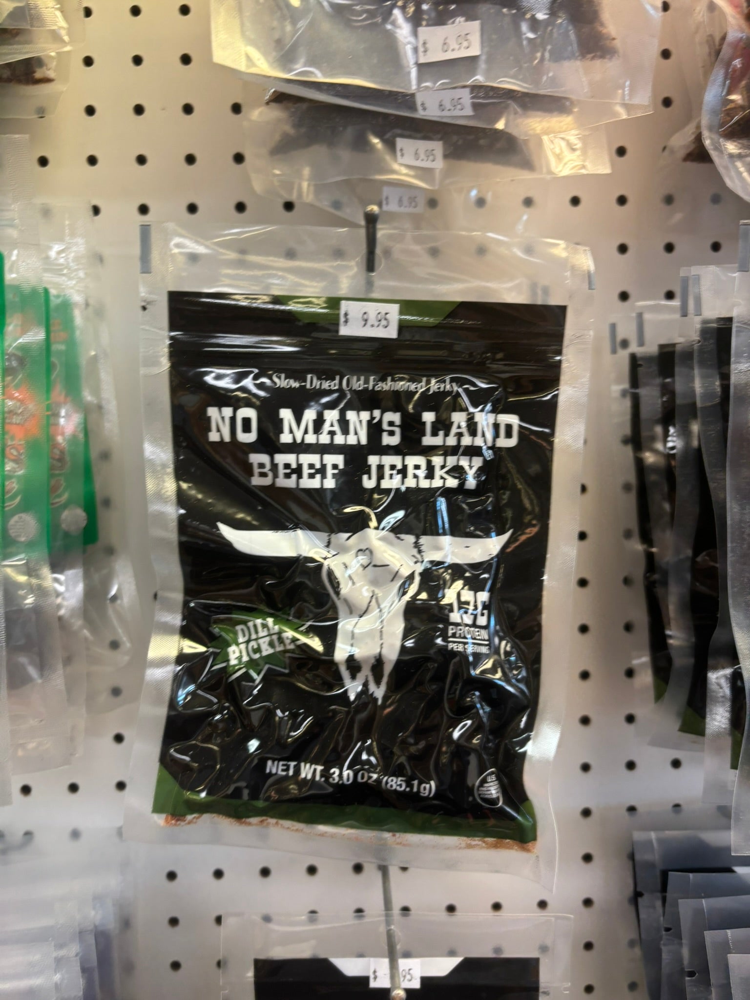 No Man's Land jerky on the shelf at The Beef Jerky Emporium